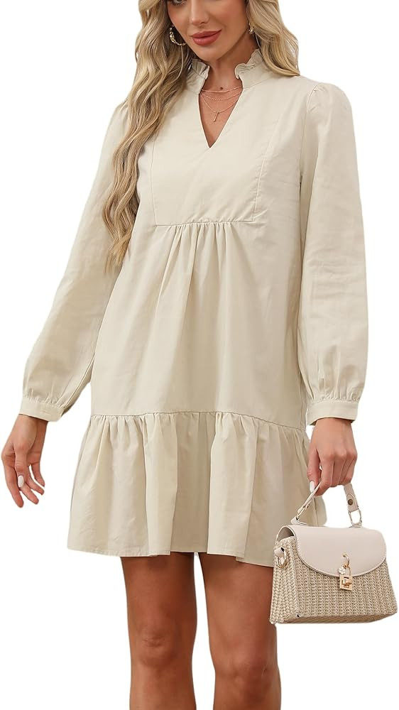 Ladyful Shift Mini Dress Women Long Sleeve Drop Waist Flowy Ruffle Tiered Tunic Dress with Pocket... | Amazon (US)