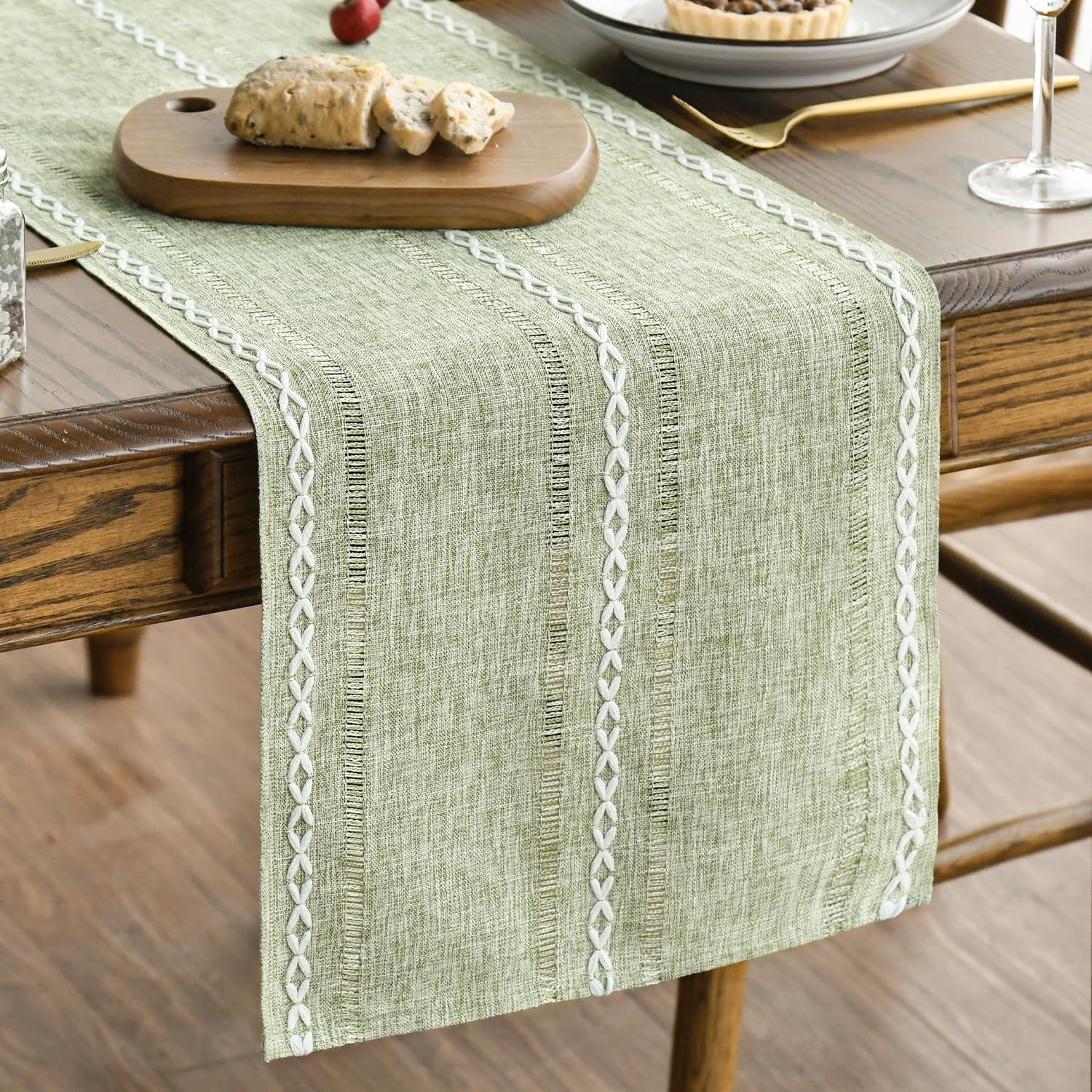 Artoid Mode Sage Green Rustic Cotton Linen Table Runner, Seasonal Embroidered Hollow Kitchen Dini... | Amazon (US)