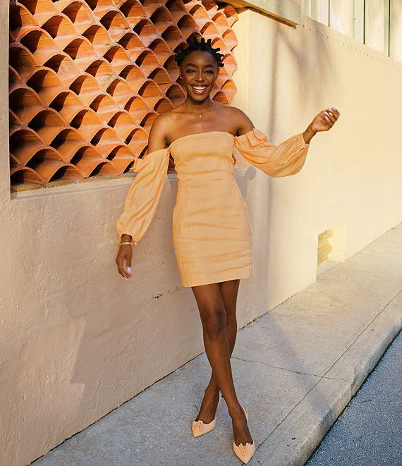 x Venita Aspen Poppy Linen Off the Shoulder 3/4 Sleeve Sheath Mini Dress | Dillard's