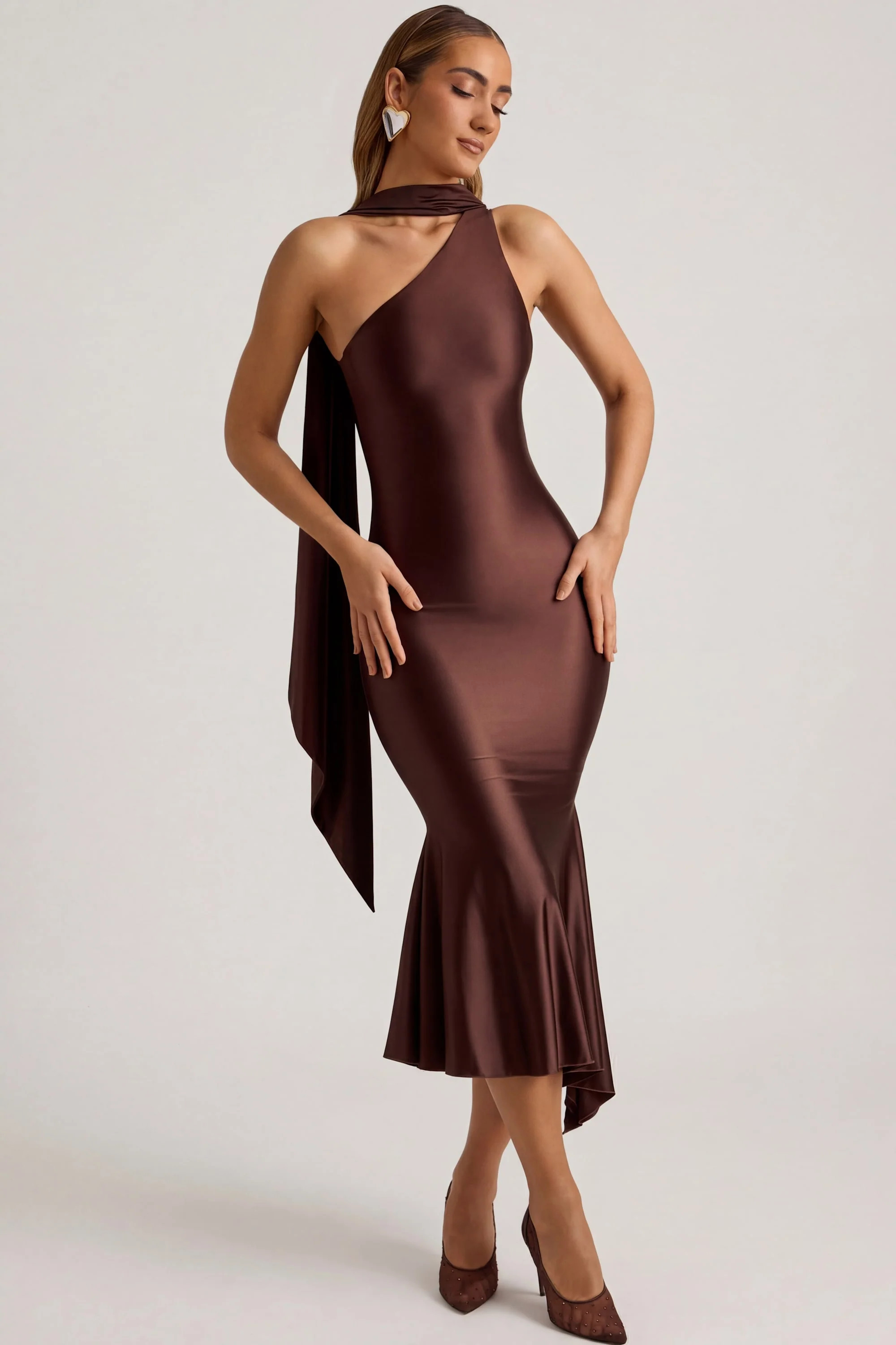 Asymmetric Scarf-Detail Midaxi Dress in Chocolate Brown | Oh Polly
