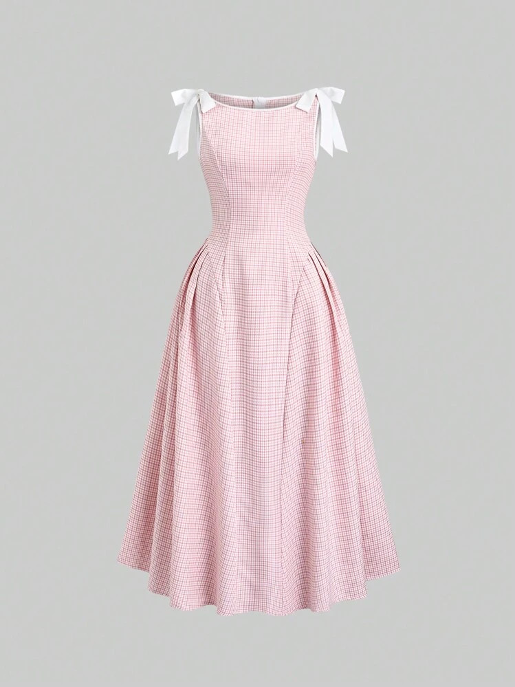 Sweetra Vintage Houndstooth Contrast Tie Bow Waist Slim Fit Suspender Dress With Extra Large Hem ... | SHEIN