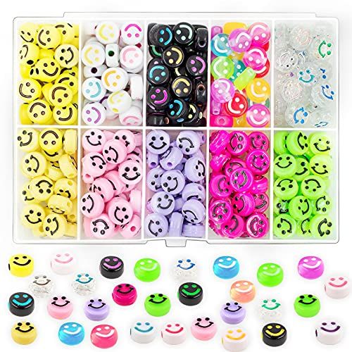 SUCOJRFF 300 Pcs Mixed Smiley Face Beads Kit with Crystal String, 15Colors Smiley Heishi Preppy Flat | Amazon (US)