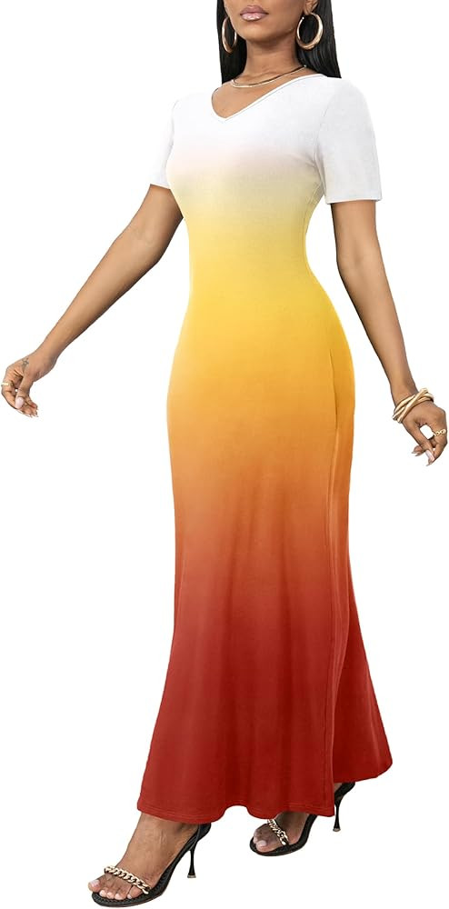 FANDEE Maxi Dress for Women Short Sleeve Summer Dresses V Neck Casual Loose Long T Shirt Dresses ... | Amazon (US)