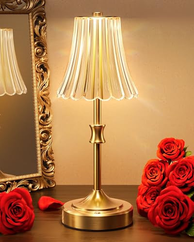 JACKYLED Vintage Cordless Table Lamp, Acrylic Crystal Flower Lamp Shade, 3 Colors Dimmable LED Golden Lamp, 5400mAh Battery Operated Rechargeable Lamp for Kitchen Counter Home Decor | Amazon (US)