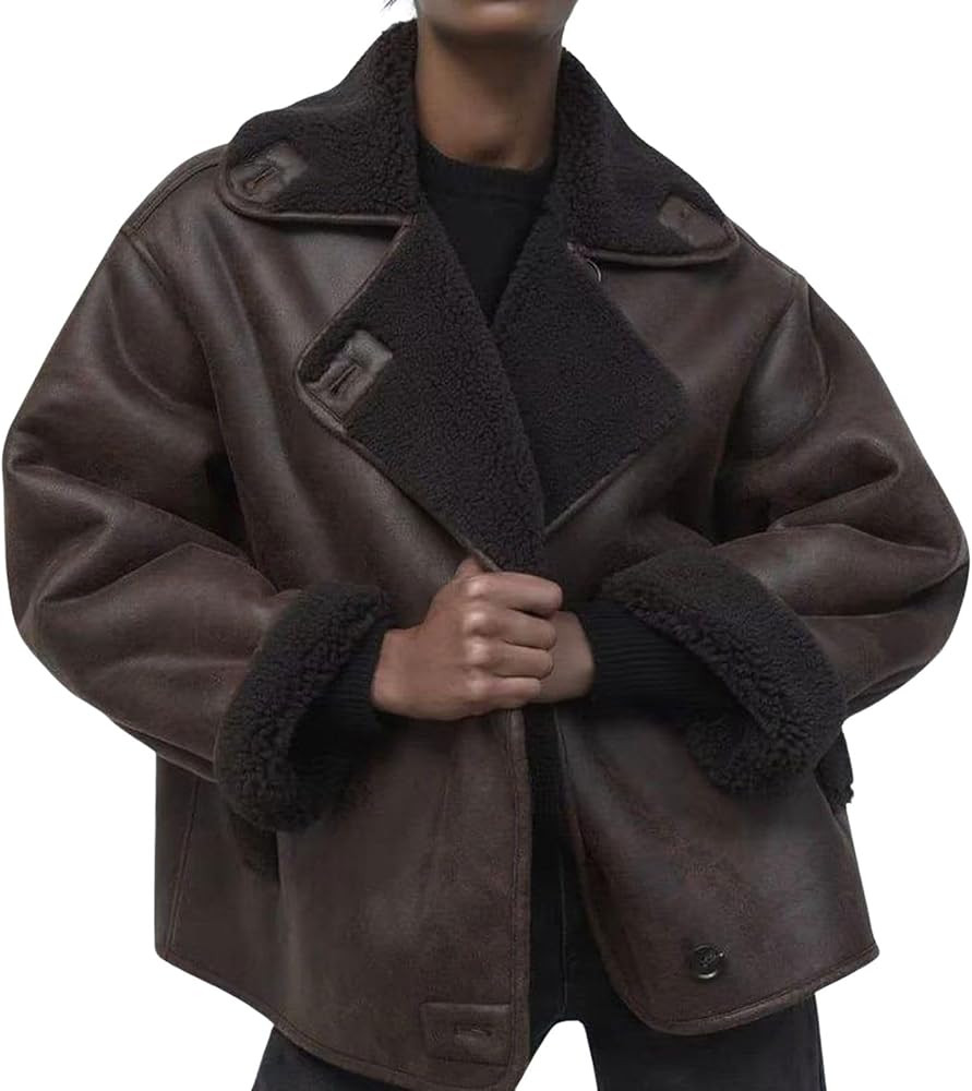 loveimgs Women Thick Sherpa Lined Faux Suede Jacket Oversized Leather Coat Shearling Fleece Moto ... | Amazon (US)