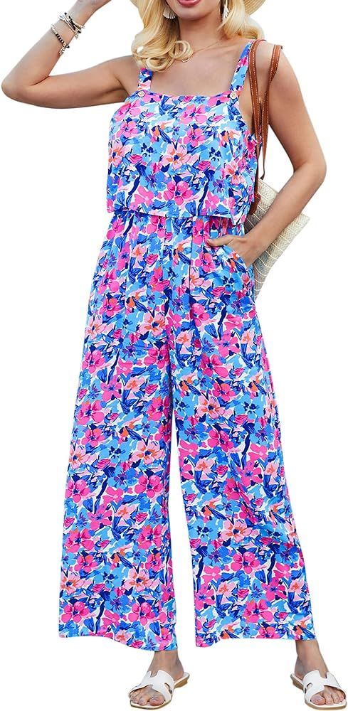 RAISEVERN Jumpsuits for Women Summer Sleeveless Allover Print Cami Romper Wide Leg Jumpers Vacati... | Amazon (US)