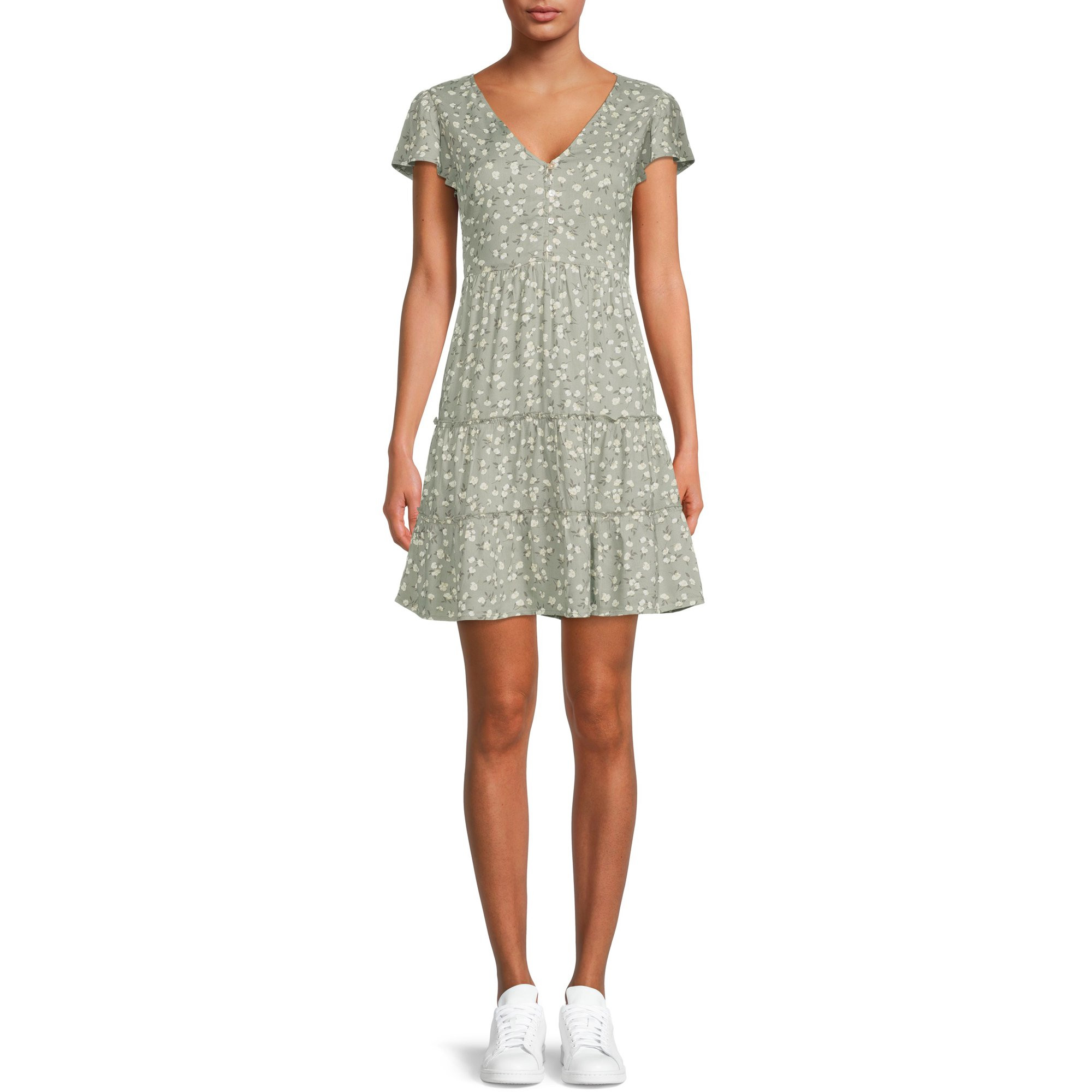Derek Heart Juniors' Tiered Flutter Sleeve Dress with Button Front | Walmart (US)