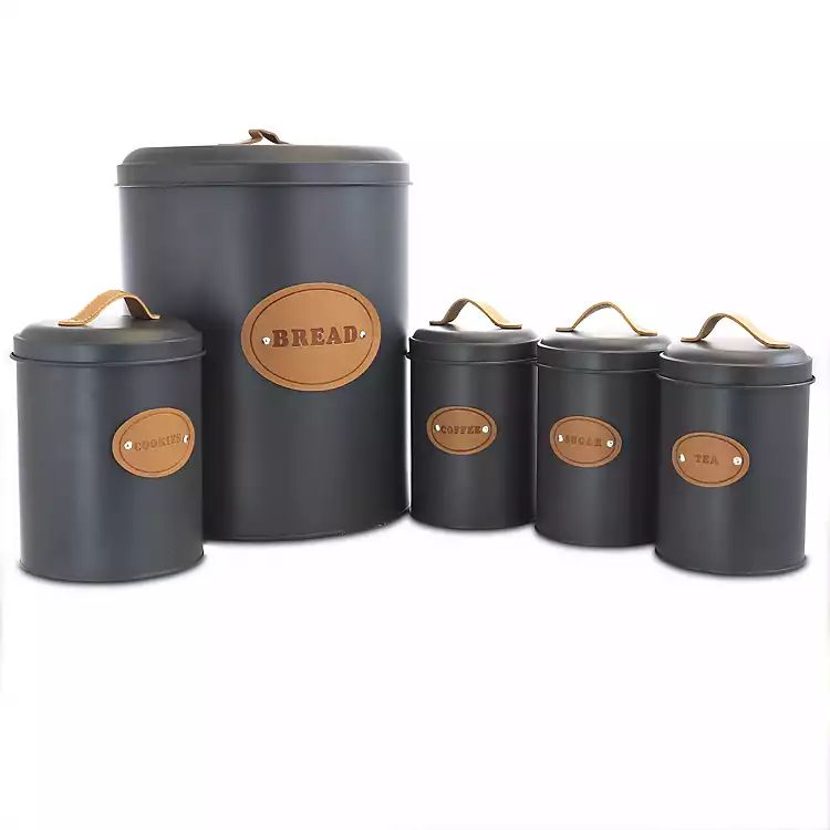 New!Gray Metal Round Label Badge Canisters, Set of 5 | Kirkland's Home