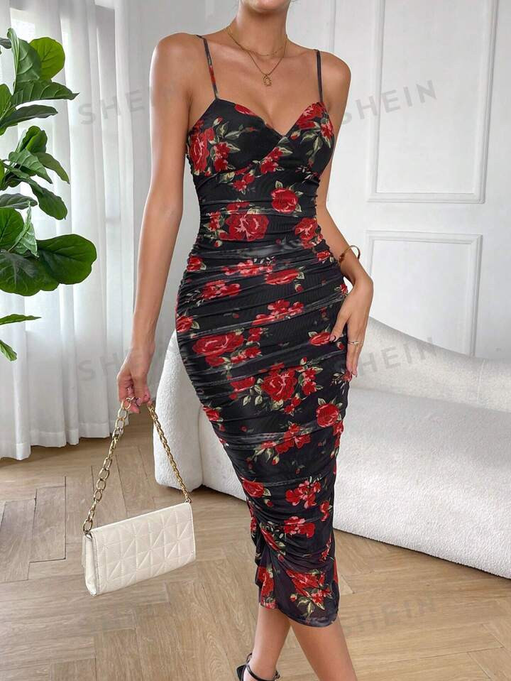 SHEIN Privé Floral Print Ruched Mesh Cami Dress | SHEIN