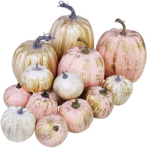 14 pcs Assorted Artificial Gold Brushed White and Pink Pumpkins Rustic Decorative Pumpkins Foam P... | Amazon (US)