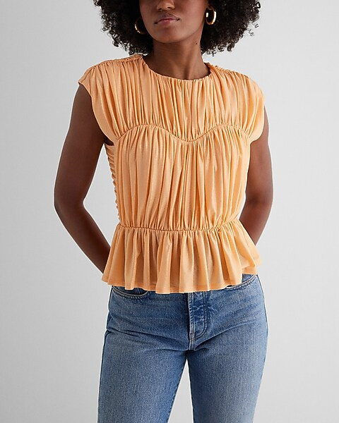 Foil Crew Neck Ruched Peplum Top | Express