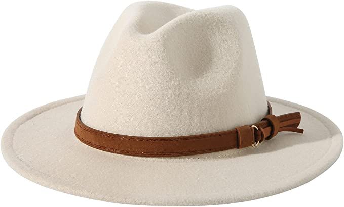 Lanzom Womens Classic Wide Brim Floppy Panama Hat Belt Buckle Wool Fedora Hat | Amazon (US)