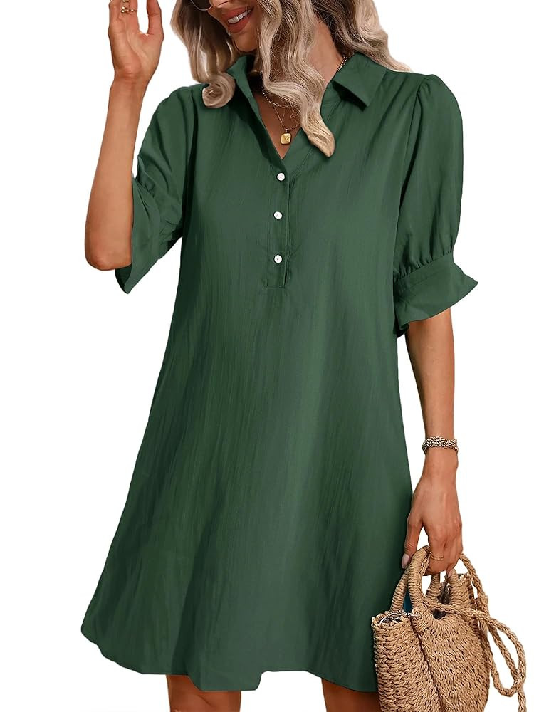 FENSACE Womens Casual Shirt Dress Ruffle Sleeve Button Down Shift Summer Dresses with Pockets | Amazon (US)