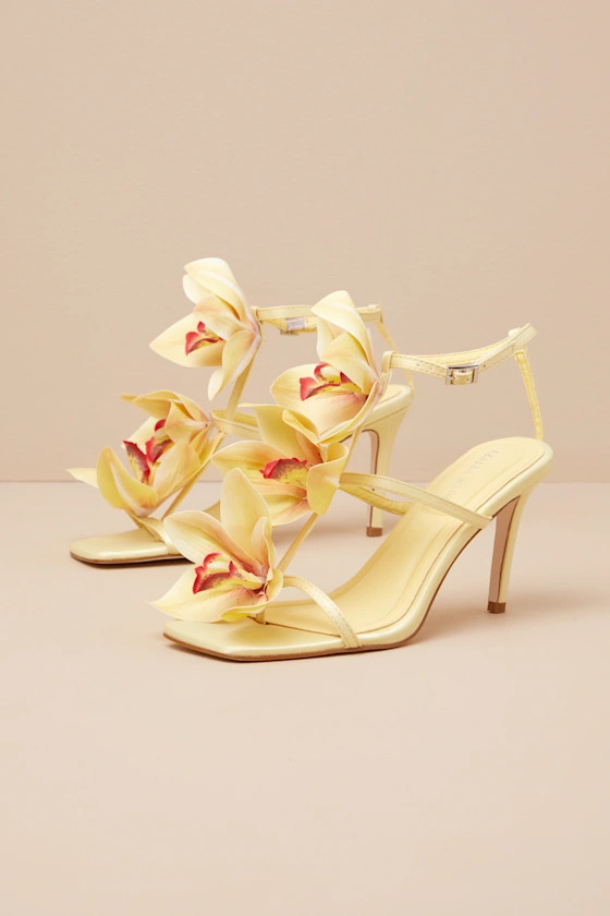 Credenza Yellow Floral Applique Strappy High Heel Sandals | Lulus