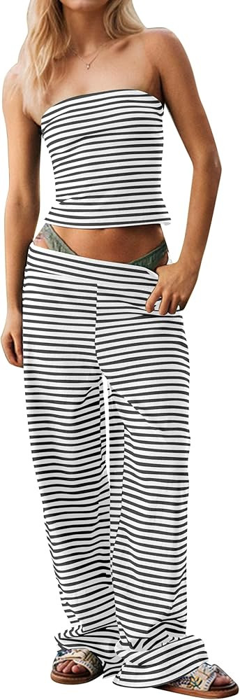 MISSACTIVER Women Two Piece Sets Striped Matching Outfits Strapless Crop Tube Top and Elastic Wai... | Amazon (US)