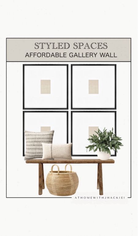 Styled space, affordable gallery wall, frames, vintage wooden bench, faux stems, pillow, storage basket, neutral decor 

#LTKHome #LTKFindsUnder100 #LTKStyleTip