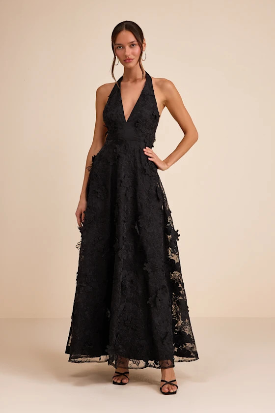 Kennia Black 3D Floral Embroidered Halter Maxi Dress | black tie wedding guest dress  | Lulus