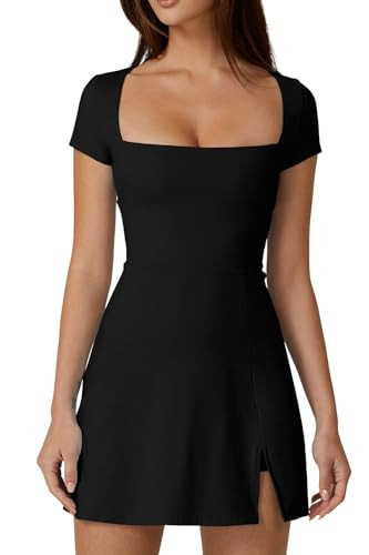 QINSEN Tennis Dress for Women Square Neck Short Sleeve Active Workout Dress Built in Shorts Black XL | Amazon (US)