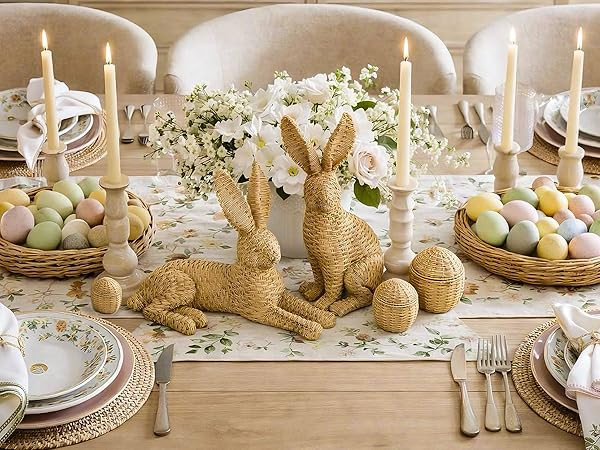 Easter Decorations for Home – 5 Pieces Rattan Effect Bunny & Egg Set, Easter Bunny Figurines wi... | Amazon (US)