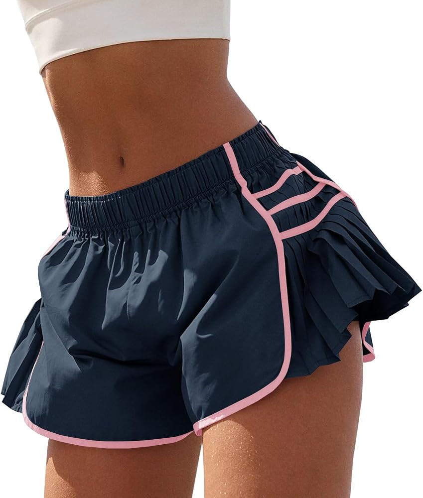 Fisoew Womens Workout Gym Shorts Running Pleated Contrast Stitch Elastic Waist Athletic Quick Dry... | Amazon (US)