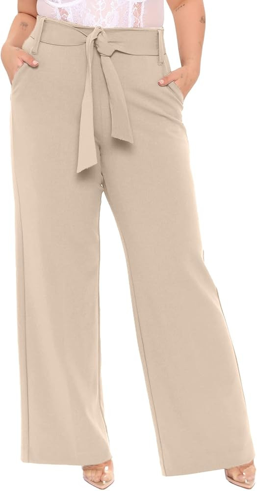 Eytino Womens Plus Size Stretch Dress Pants Comfy Wide Leg Belted Lounge Pants for Office, 1X-5X | Amazon (US)