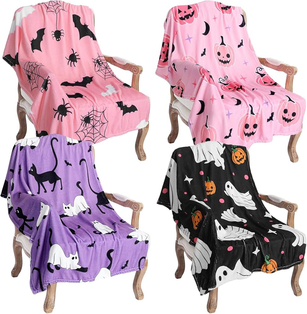 4 Pcs Halloween Throw Blankets Pumpkin Little Ghost Black Cats Spider Webs Pattern Soft Flannel F... | Amazon (US)