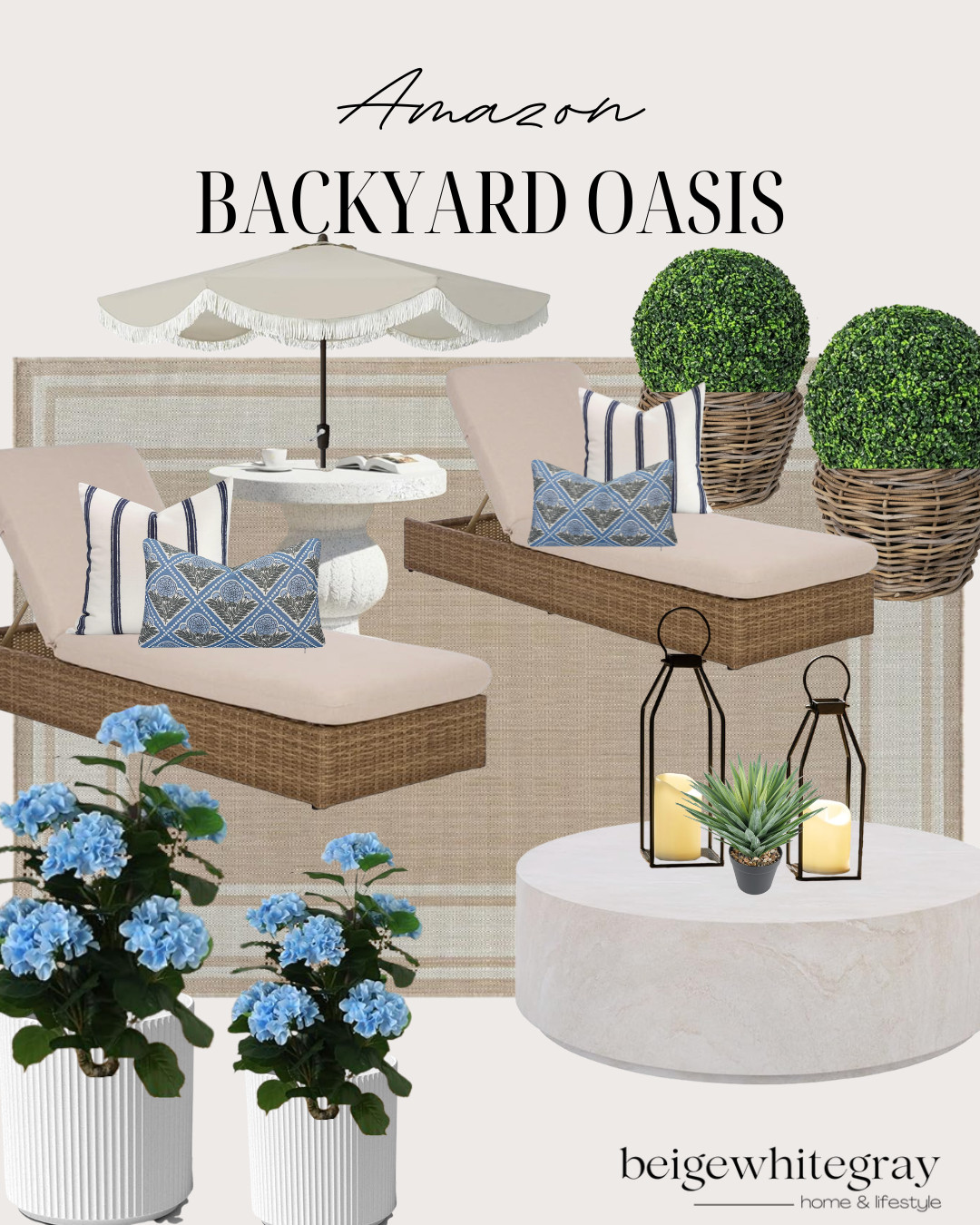 Amazon Backyard Oasis, outdoor patio furniture, backyard oasis ideas, Amazon patio furniture, wicker chaise lounges, outdoor lounge chairs, neutral patio decor, blue outdoor pillows, outdoor umbrella with fringe, patio styling ideas, outdoor living space, backyard entertaining, outdoor coffee table, faux boxwood topiary, hydrangea planters, patio rug outdoor, coastal outdoor decor, summer patio inspiration, affordable outdoor furniture, backyard makeover ideas, Amazon outdoor finds

#LTKSeasonal #LTKHome