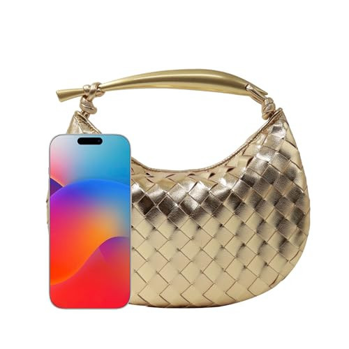 FEOFFS Woven Leather Dumpling Bag Dinner Handbag For Women Purse Hobo Bag Knotted Clutch Bag Evening Bag Luxury Bags (Gold) | Amazon (US)