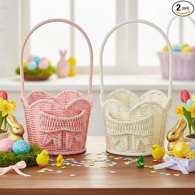 Youyole 2 Pcs Pink Bow Easter Gift Basket Empty with Handle Woven Wicker Easter Basket for Giftin... | Amazon (US)