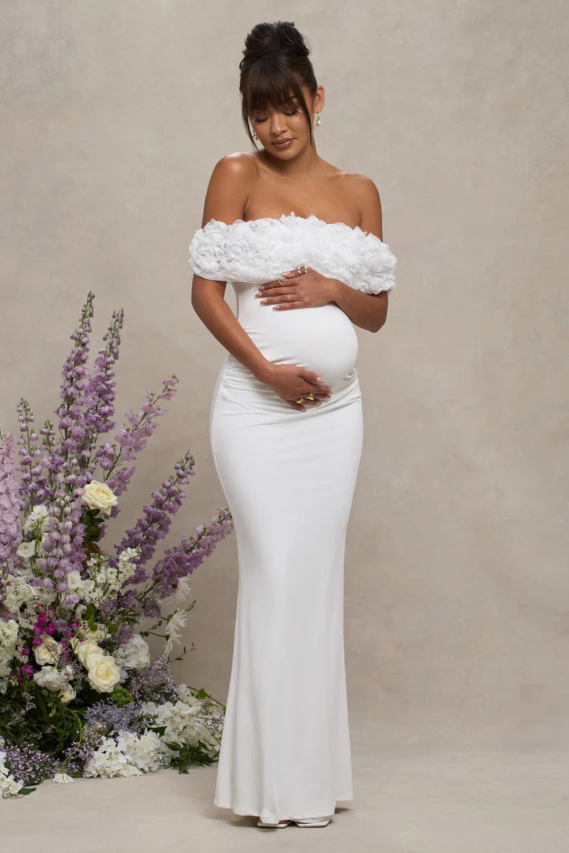 Inflorescence  White Mesh Floral Bardot Maternity Maxi Dress | Club L London