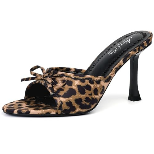 Mostrin Leopard Print Kitten Heels Open Round Toe Mules Heels for Women With Bow Sexy Slip On Backless Heeled Sandals for Party Wedding Size 6 | Amazon (US)