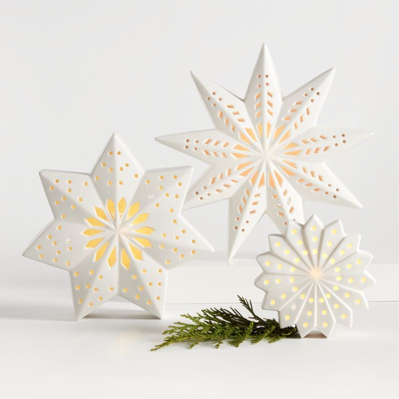 LED White Holiday Ceramic Snowflakes, Set of 3 + Reviews | Crate & Barrel | Crate & Barrel