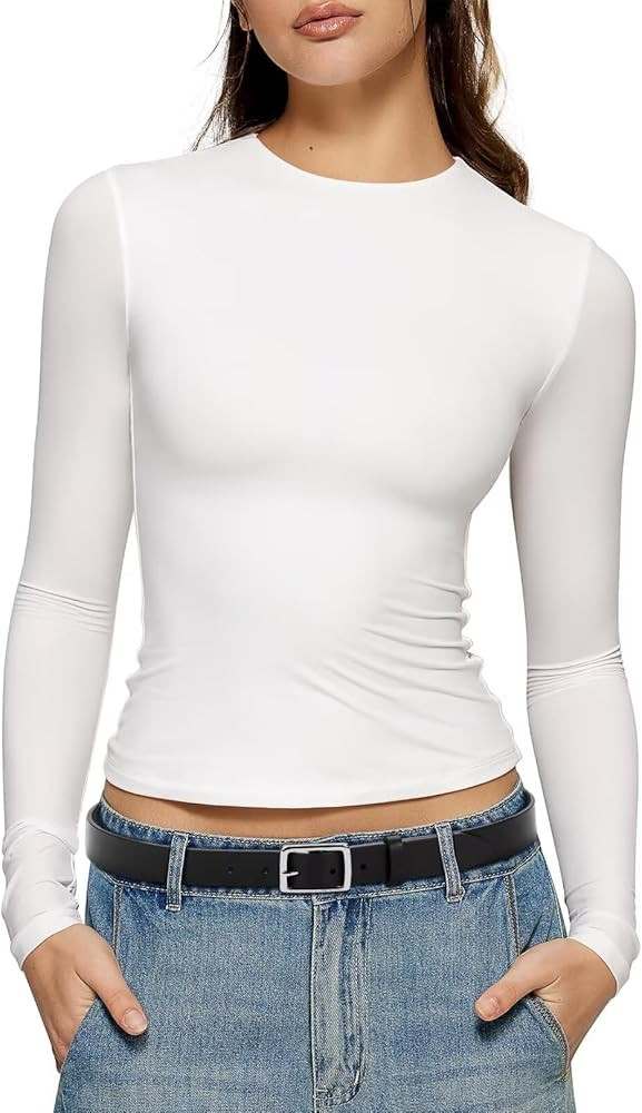 Vertvie Long Sleeve Shirts for Women Crew Neck Double Lined Crop Top Slim Fitted Tight Basic Tees... | Amazon (US)