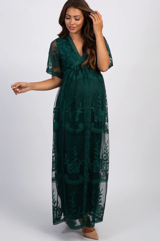 Emerald Green Lace Mesh Overlay Maternity Maxi Dress | PinkBlush Maternity
