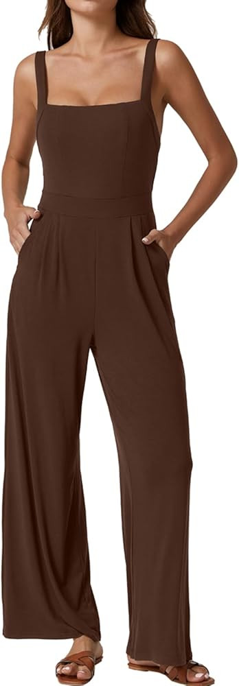 QINSEN Womens Casual Loose Overalls Jumpsuit Square Neck One Piece Sleeveless Wide Leg Rompers Ou... | Amazon (US)