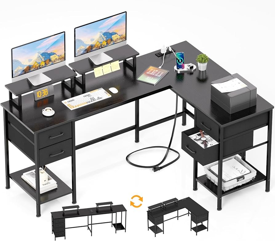 Amazon.com: Korfile L Shaped Computer Desk with Power Outlets, Corner Desk with 2 Monitor Stands,... | Amazon (US)