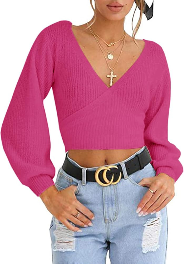 LOMON Women's Knitted Crop Deep V-Neck Long Sleeve Pullover Cross Wrap Front Loose Pullover Sweat... | Amazon (US)