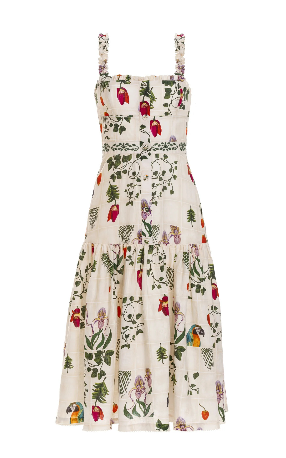 Nispero Bouquet Embroidered Linen Midi Dress | Over The Moon