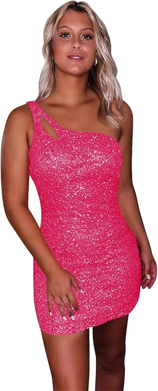 SEIM One Shoulder Short Homecoming Dresses for Teens Sparkly Glitter Sequins Sexy Tight Mini Prom... | Amazon (US)