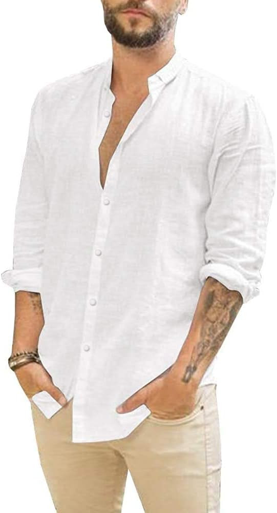 Amazon.com: JEKAOYI Mens Casual Long Sleeve Cotton Linen Shirts Buttons Down Solid Plain Roll-Up ... | Amazon (US)