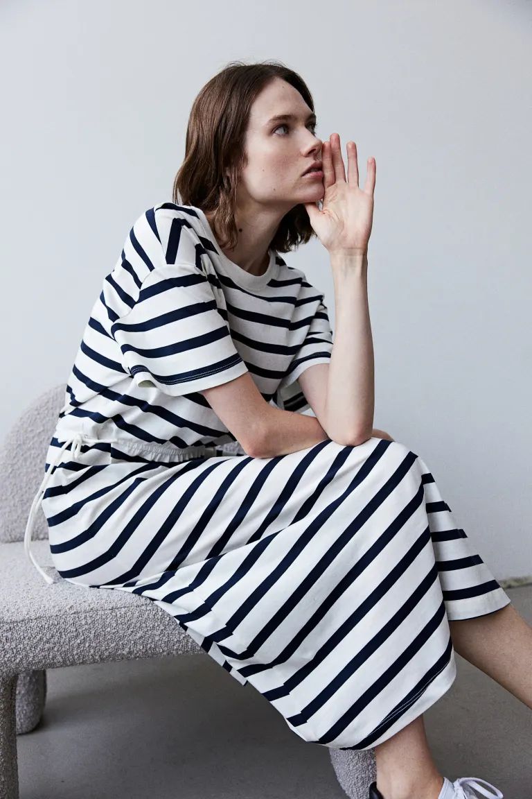 Tie-detail T-shirt Dress - White/blue striped - Ladies | H&M US | H&M (US + CA)