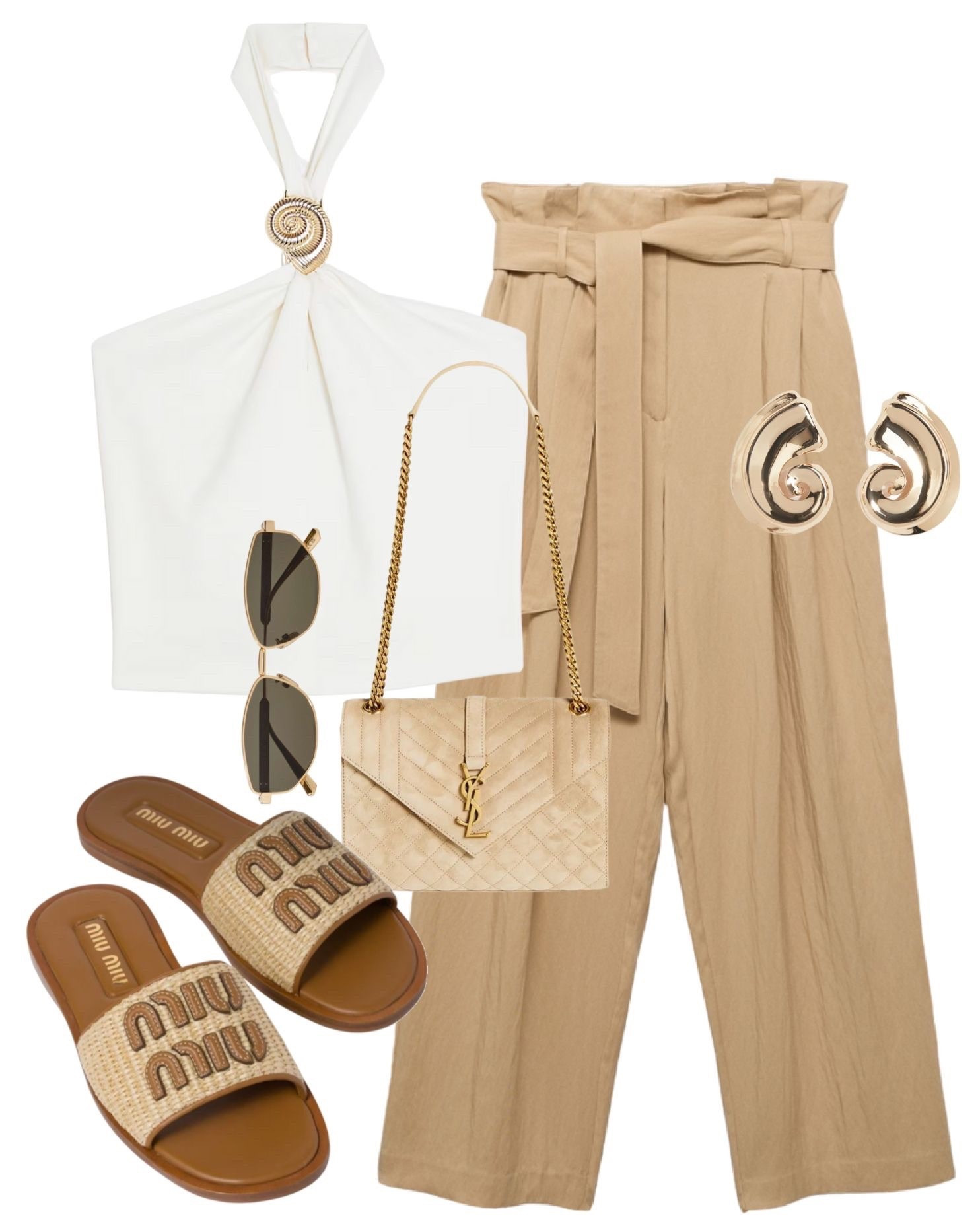 Casual chic summer outfit-Paper bag trousers, halter top with hood seashell, Miu Miu sandals, suede Saint Laurent bag, metal sunglasses & gold earrings.

#LTKsummer #LTKuk #LTKstyletip