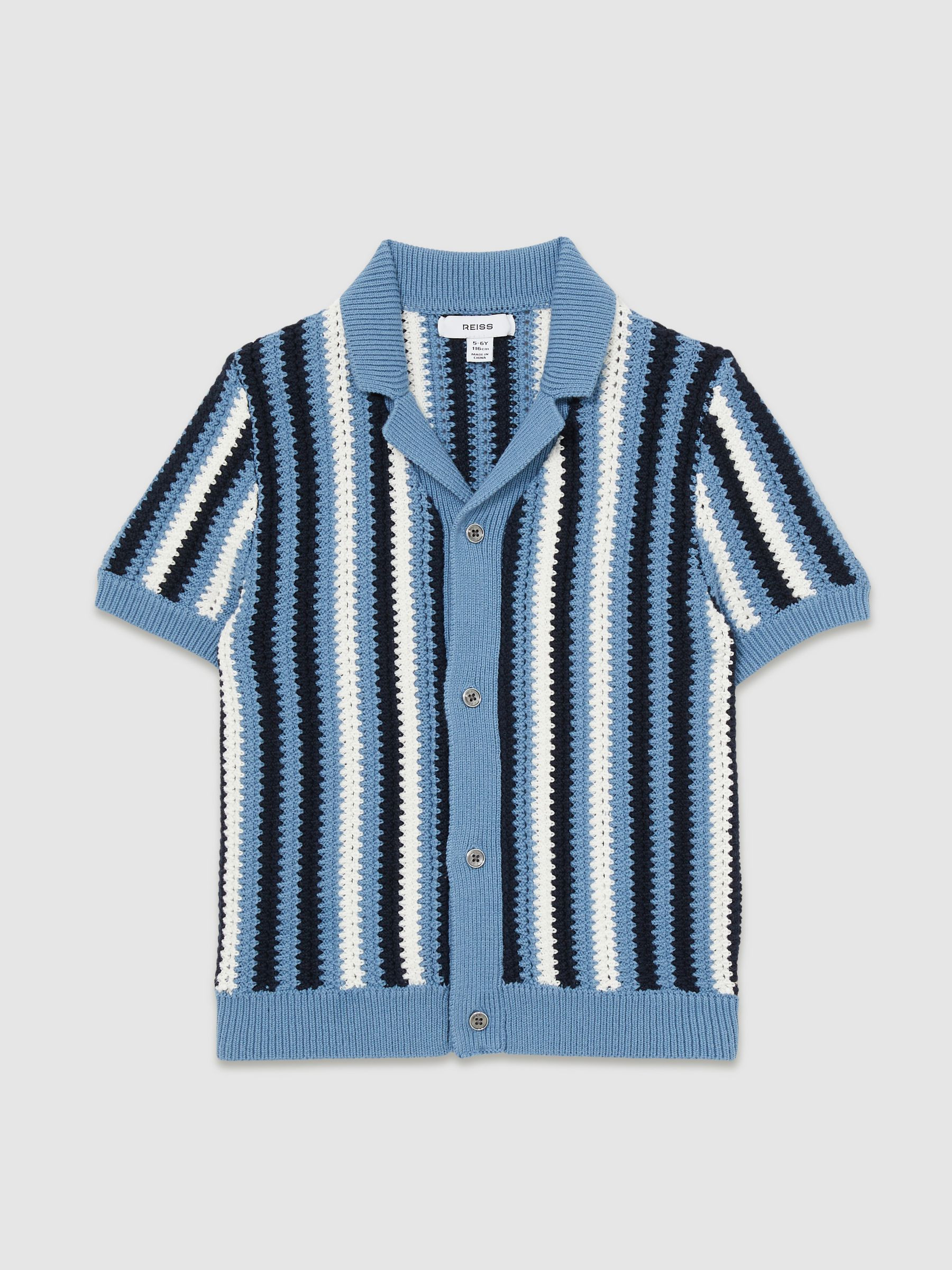 3-9 yrs Cotton Crochet Stripe Cuban Shirt in Airforce Blue | Reiss US
