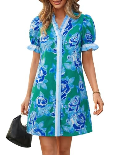 Wenrine Womens Summer Mini Dresses Casual Floral Puff Short Sleeve V Neck Button Down Ruffle Beach Sundress with Pockets Blue | Amazon (US)