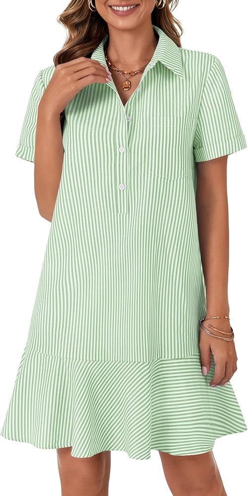 OPOIPIN Women's Collared V Neck Stripe Short Sleeve Button UP Ruffle Hem Shirt Tunic Mini Dress | Amazon (US)