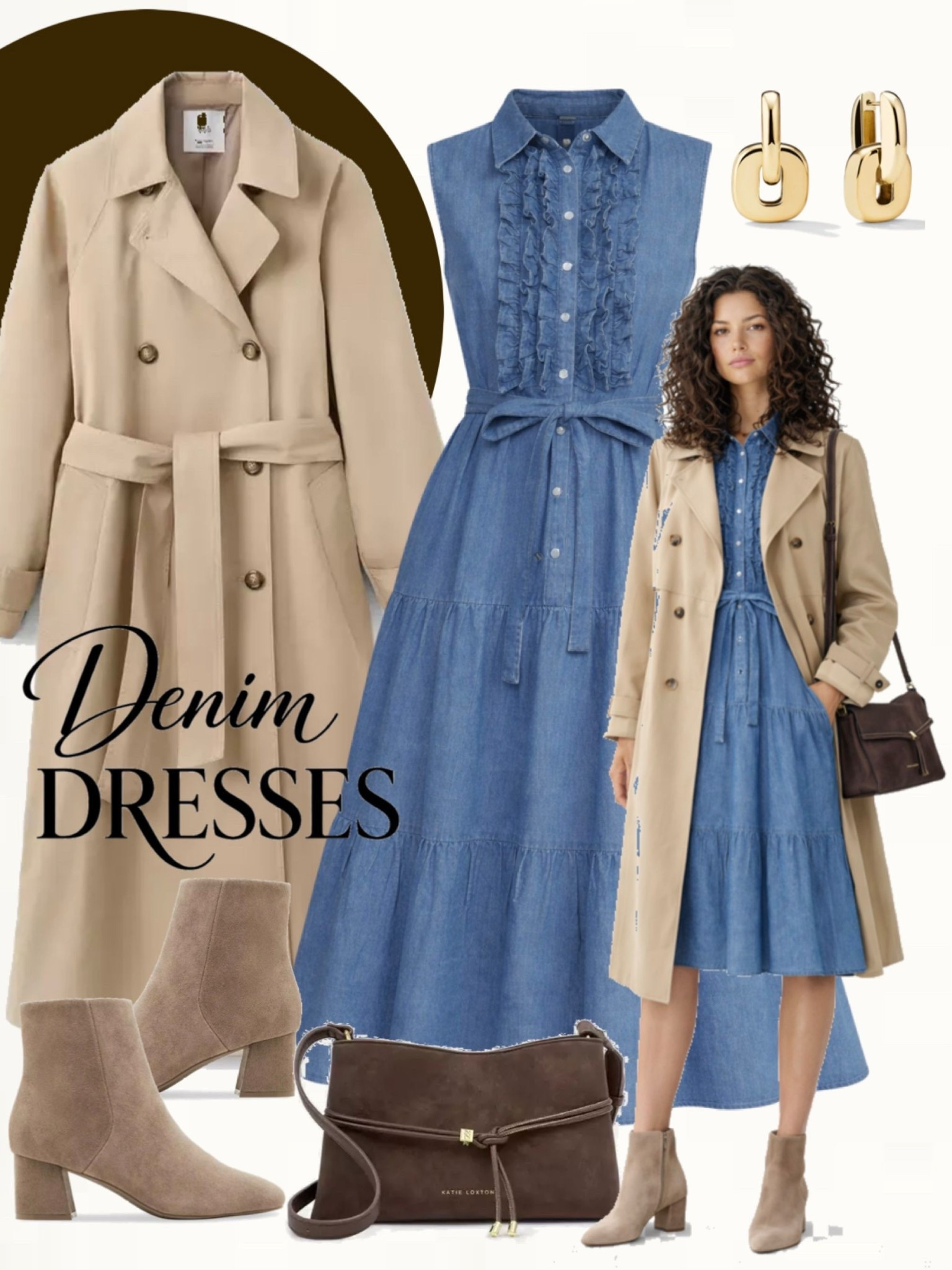 Light blue ruffle-front denim midi dress layered with a beige trench coat, taupe ankle boots, and a deep brown crossbody bag. Clean, polished, and perfect for early spring.
#springstyle #denimoutfits #chiclooks

#LTKOver40 #LTKootd #LTKSeasonal
