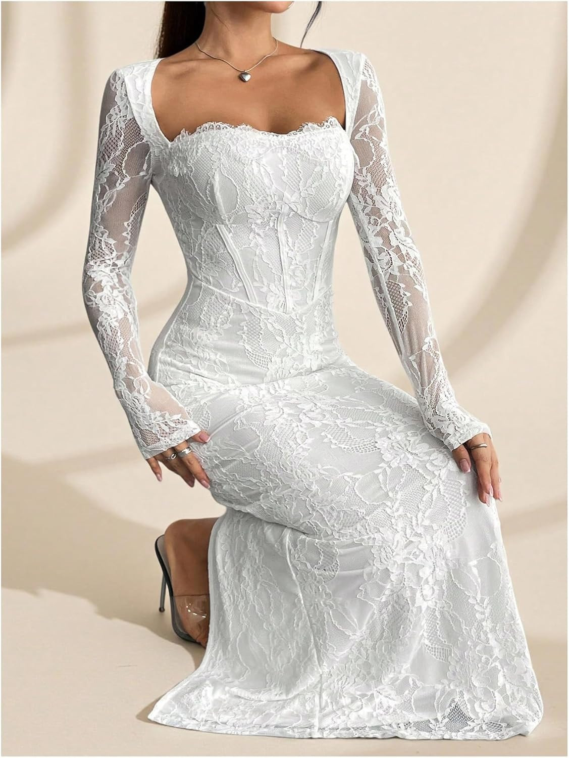 OYOANGLE Women's Floral Lace Slit Back Fishtail Long Dress Square Neck Cocktail Bodycon Dresses | Amazon (US)