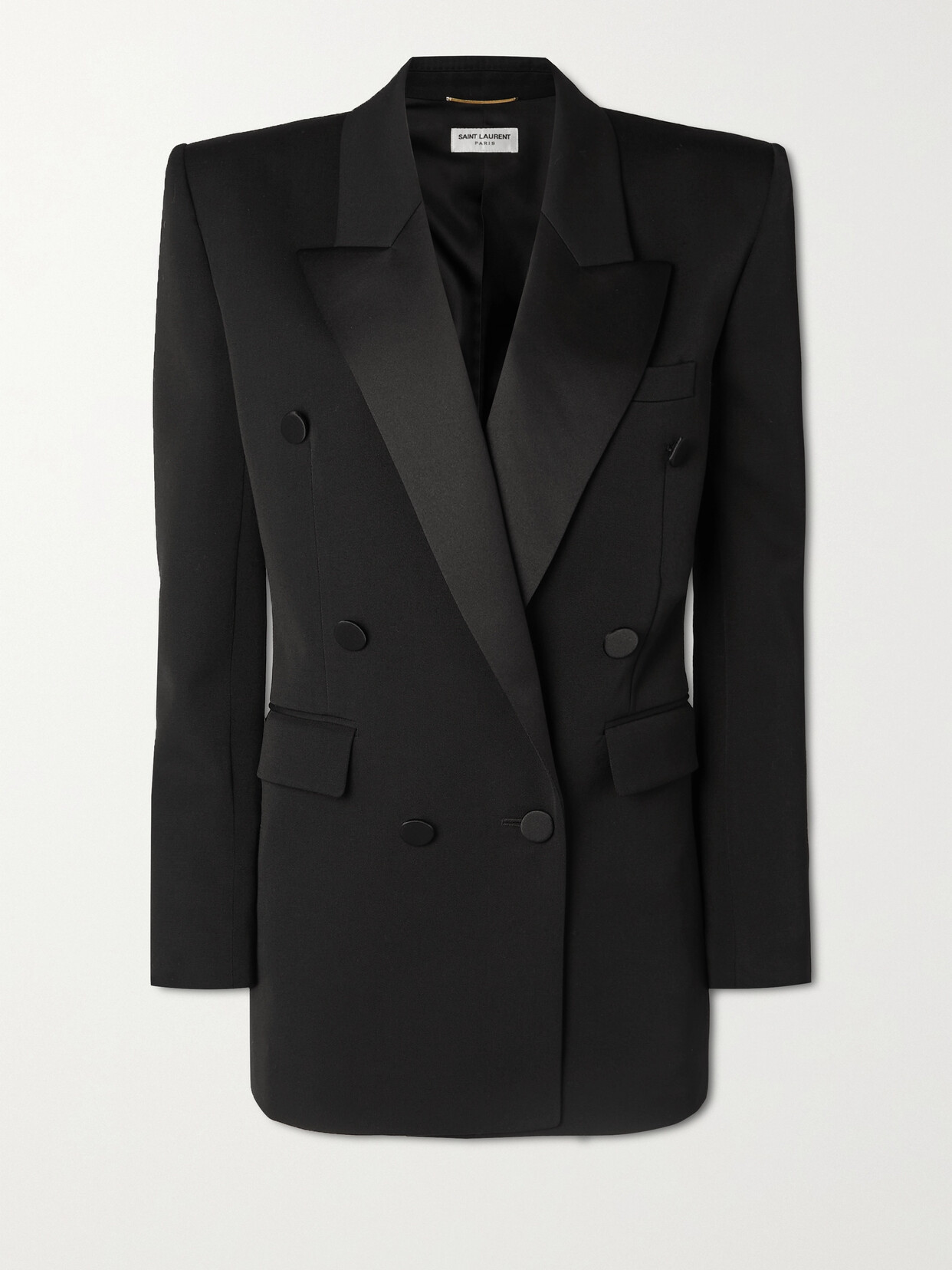 SAINT LAURENT - Double-breasted Satin-trimmed Grain De Poudre Wool Blazer - Black | NET-A-PORTER (US)