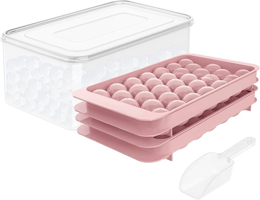 Round Ice Cube Tray with Lid Ice Ball Maker Mold with Container Circle Ice Cube Tray Making 66PCS Sphere Ice Balls(2 Pink Trays 1 Ice Bucket & Scoop) | Amazon (US)