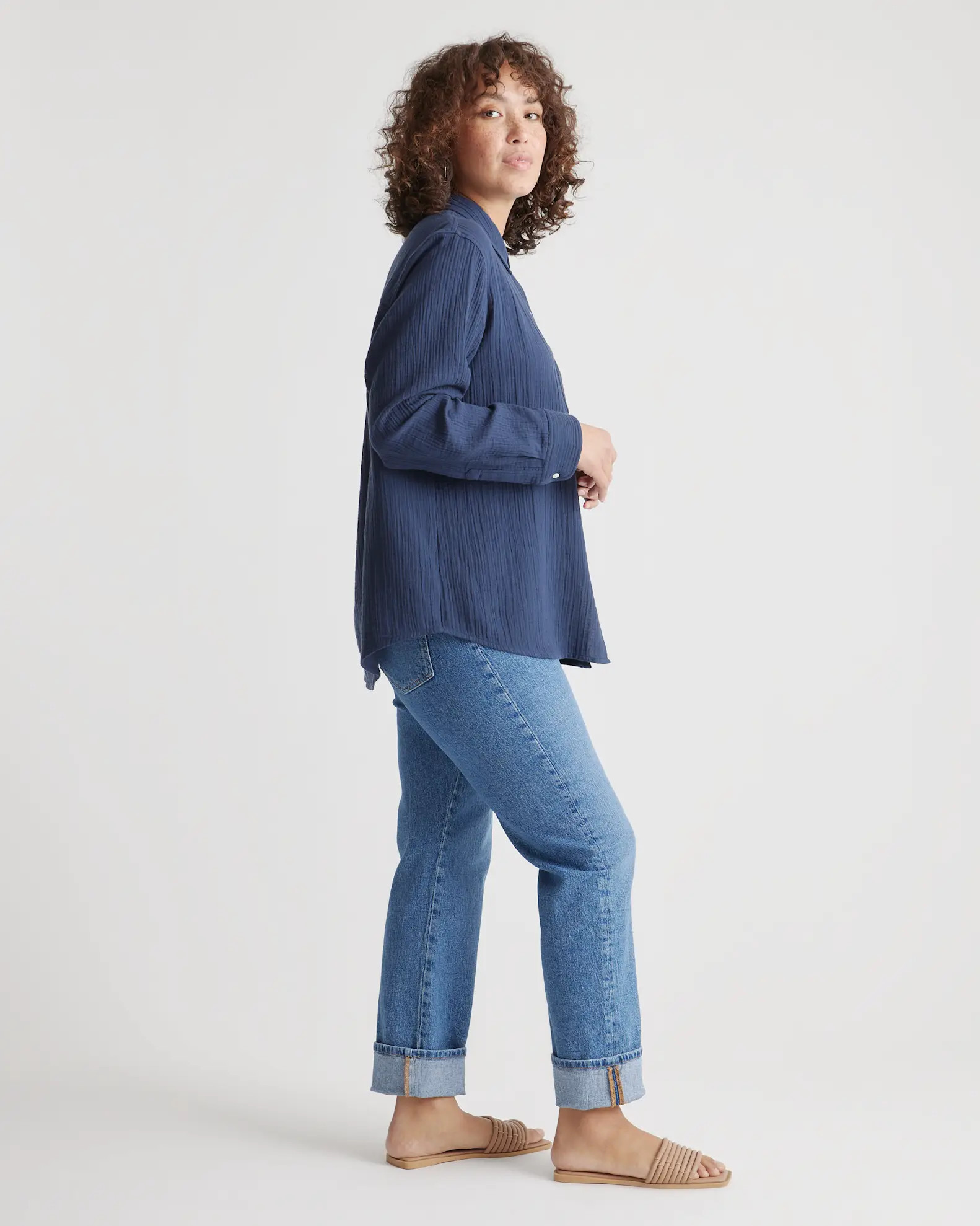 100% Organic Cotton Gauze Long Sleeve Shirt in Indigo Blue | Quince